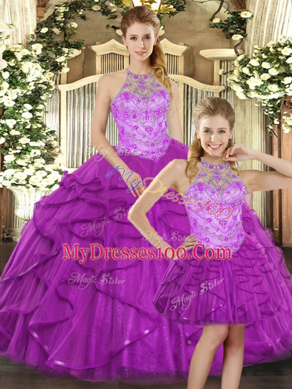 Purple Lace Up Sweet 16 Quinceanera Dress Beading and Ruffles Sleeveless