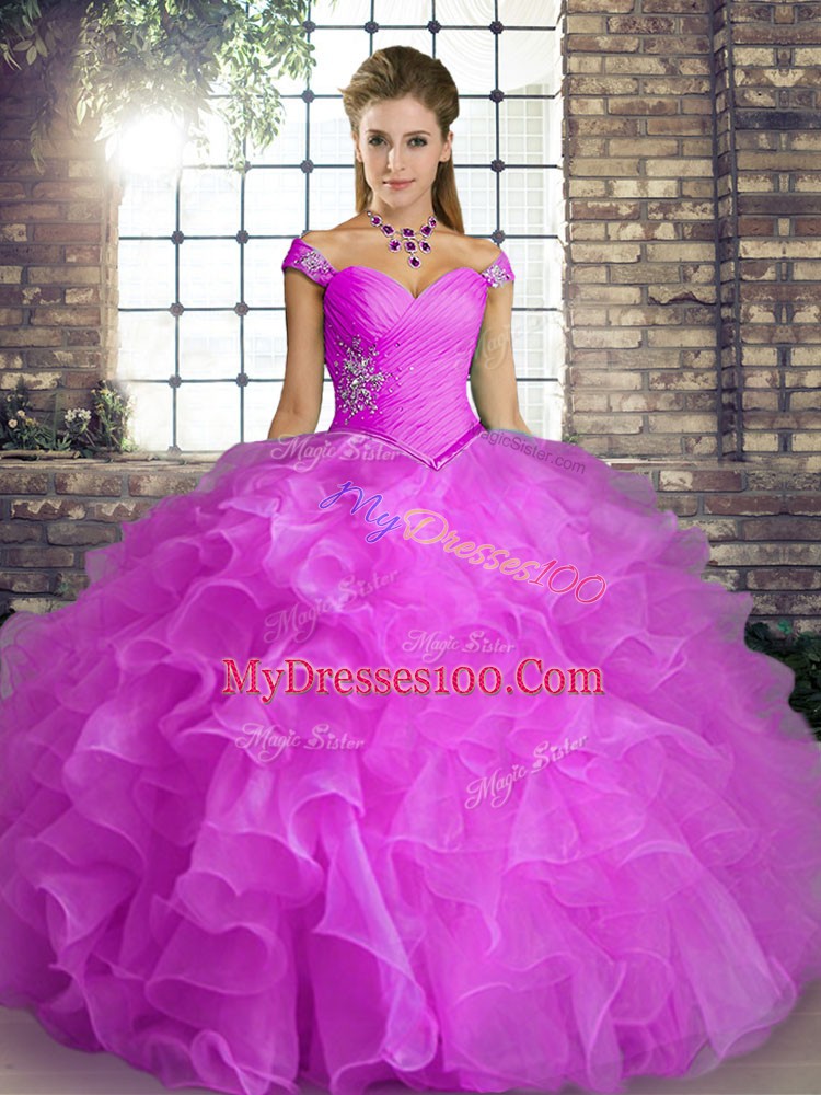 Off The Shoulder Sleeveless Sweet 16 Quinceanera Dress Floor Length Beading and Ruffles Lilac Organza