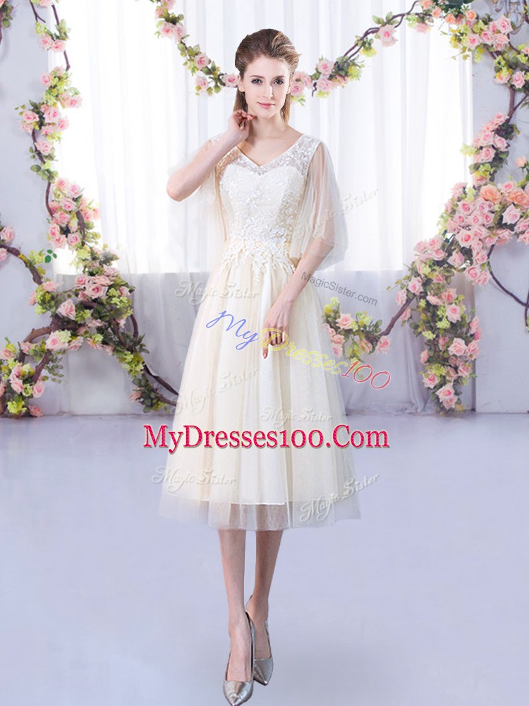 Champagne Sleeveless Tulle Lace Up Bridesmaid Dresses for Wedding Party