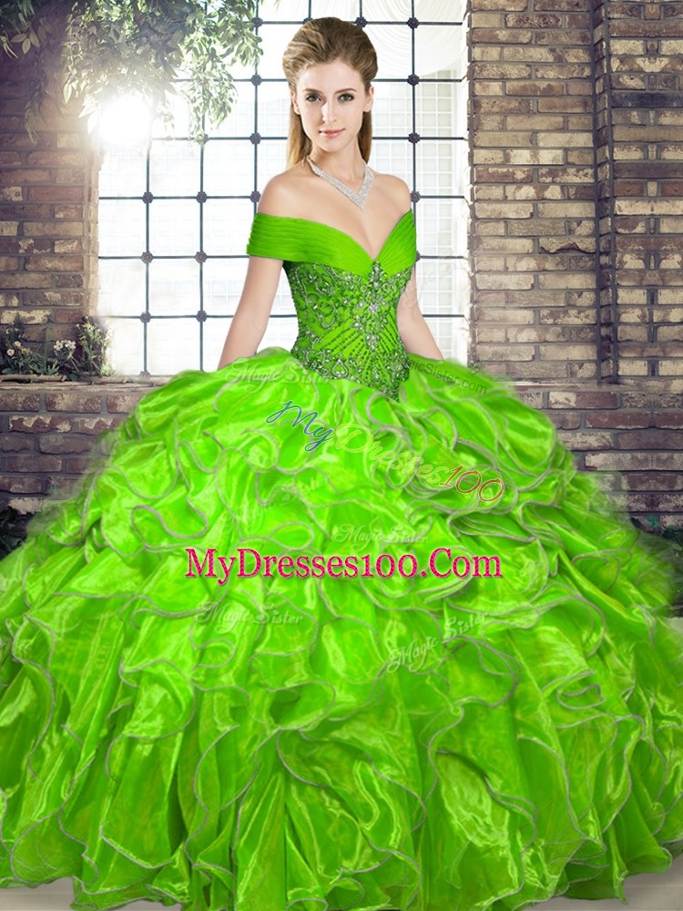 Sleeveless Floor Length Beading and Ruffles Lace Up Quinceanera Gown with