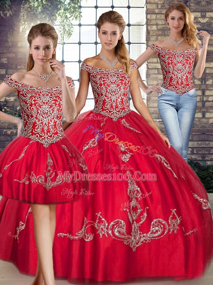 Classical Red Lace Up Sweet 16 Quinceanera Dress Beading and Embroidery Sleeveless Floor Length