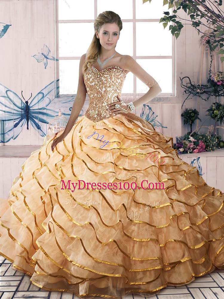 Fantastic Lace Up Quince Ball Gowns Gold for Sweet 16 and Quinceanera with Beading and Ruffled Layers Brush Train