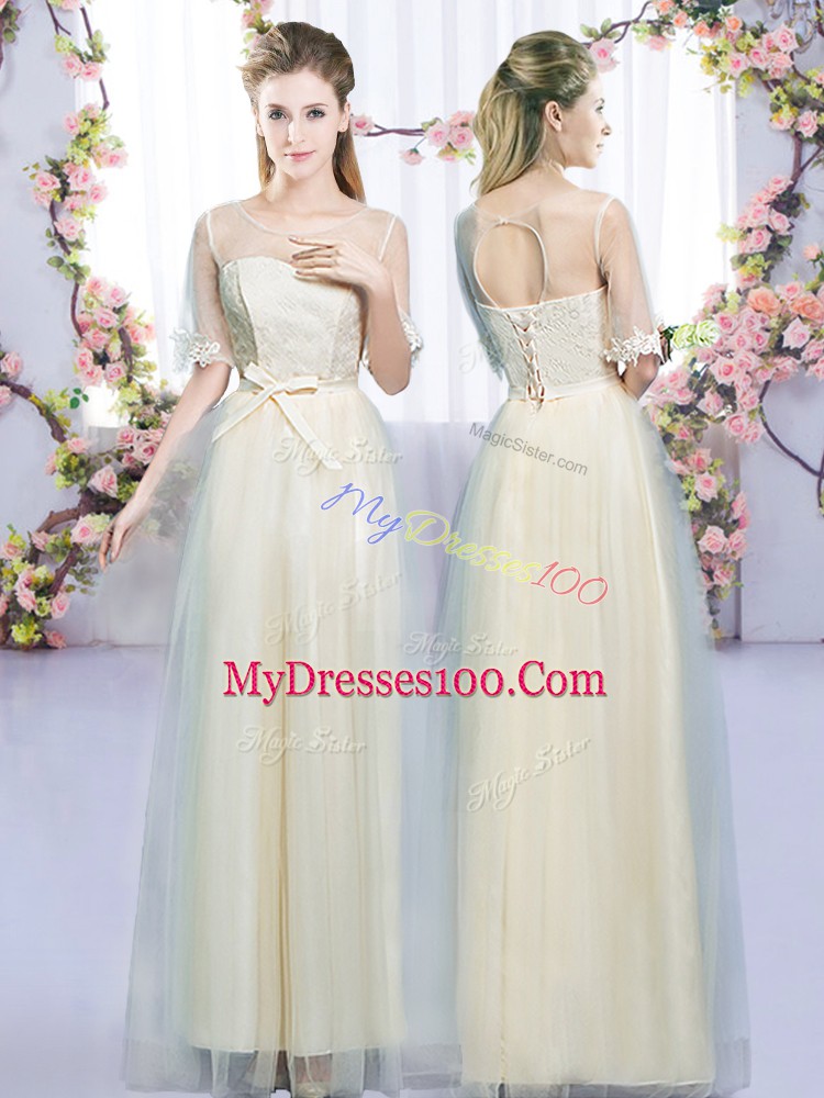 Sleeveless Tulle Floor Length Lace Up Quinceanera Court Dresses in Champagne with Lace and Bowknot