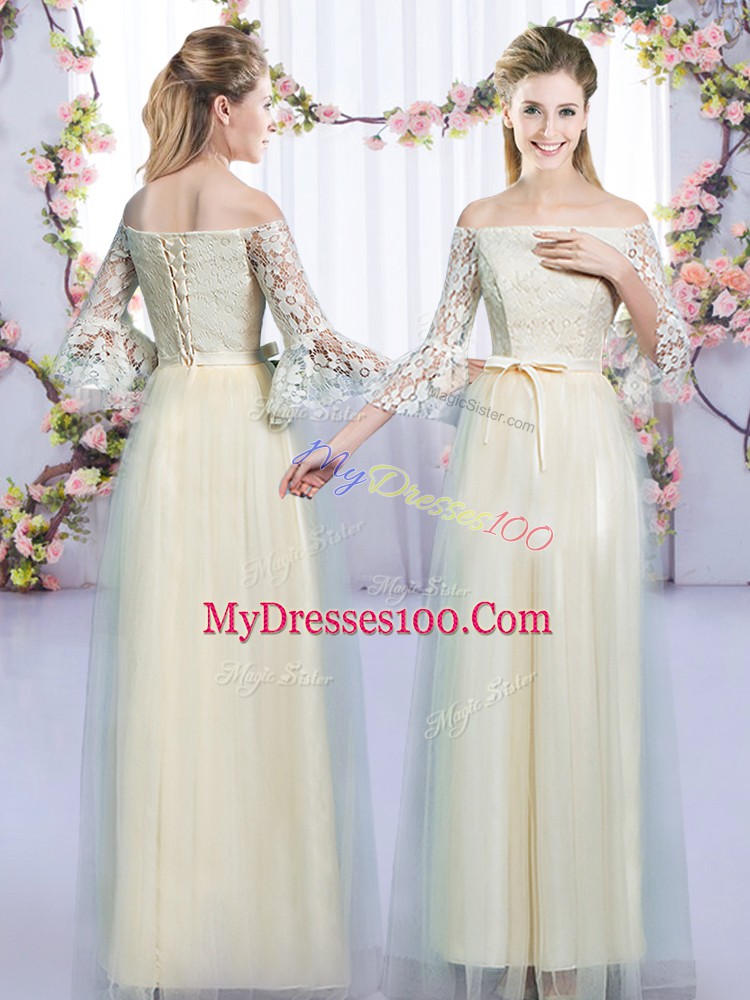 Sleeveless Tulle Floor Length Lace Up Quinceanera Court Dresses in Champagne with Lace and Bowknot