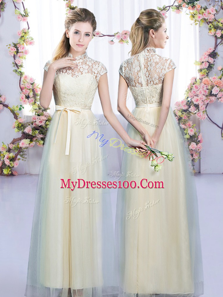 Sleeveless Tulle Floor Length Lace Up Quinceanera Court Dresses in Champagne with Lace and Bowknot