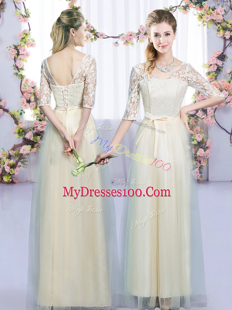 Sleeveless Tulle Floor Length Lace Up Quinceanera Court Dresses in Champagne with Lace and Bowknot