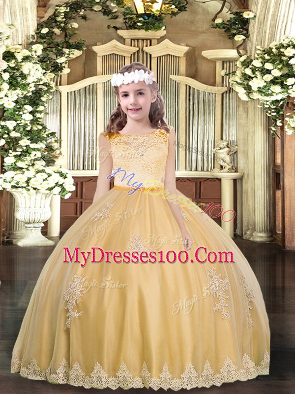 Gold Scoop Neckline Appliques Girls Pageant Dresses Sleeveless Zipper