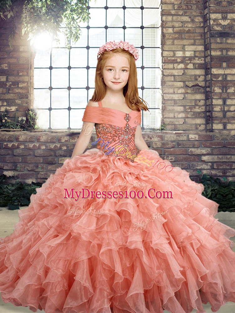 Ball Gowns Little Girls Pageant Gowns Peach Straps Organza Sleeveless Floor Length Lace Up