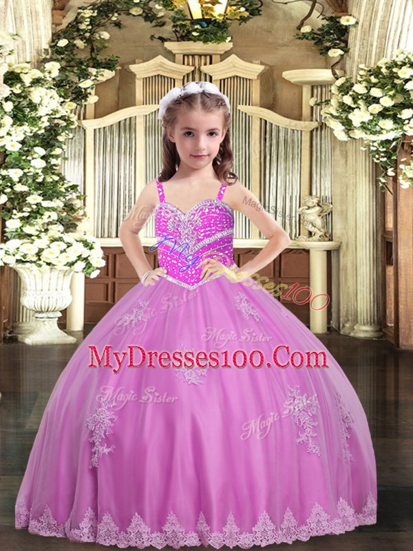 Lilac Ball Gowns Straps Sleeveless Tulle Floor Length Lace Up Appliques Little Girls Pageant Gowns