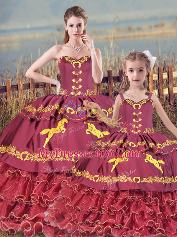 Deluxe Sleeveless Satin and Organza Floor Length Zipper 15 Quinceanera Dress in Burgundy with Embroidery and Ruffled Layers