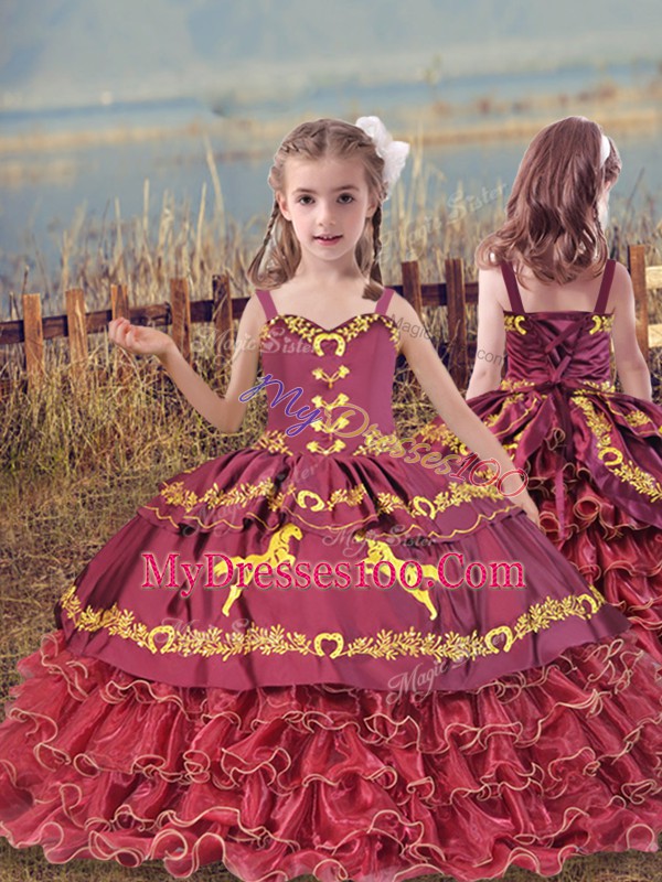 Deluxe Sleeveless Satin and Organza Floor Length Zipper 15 Quinceanera Dress in Burgundy with Embroidery and Ruffled Layers