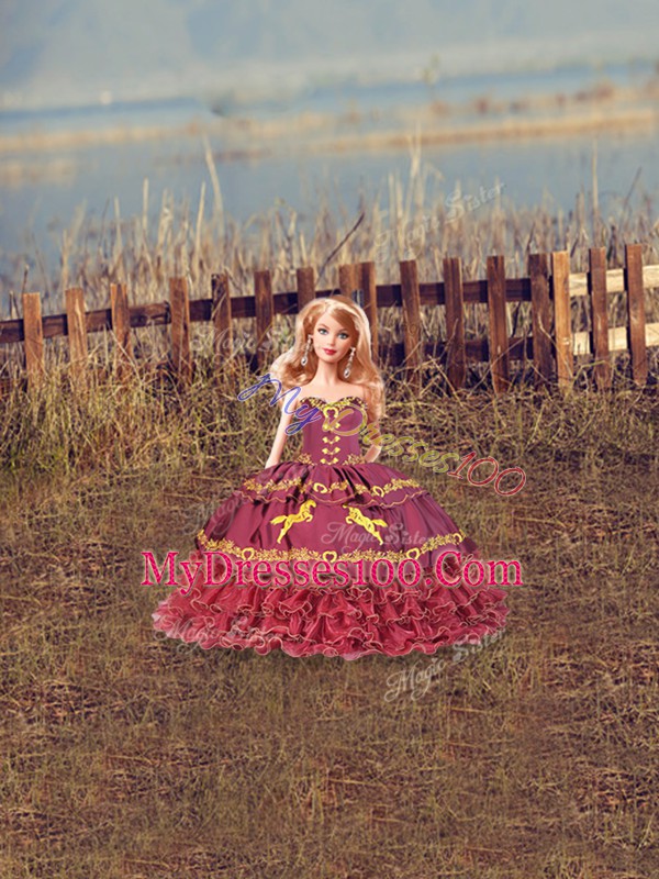 Deluxe Sleeveless Satin and Organza Floor Length Zipper 15 Quinceanera Dress in Burgundy with Embroidery and Ruffled Layers