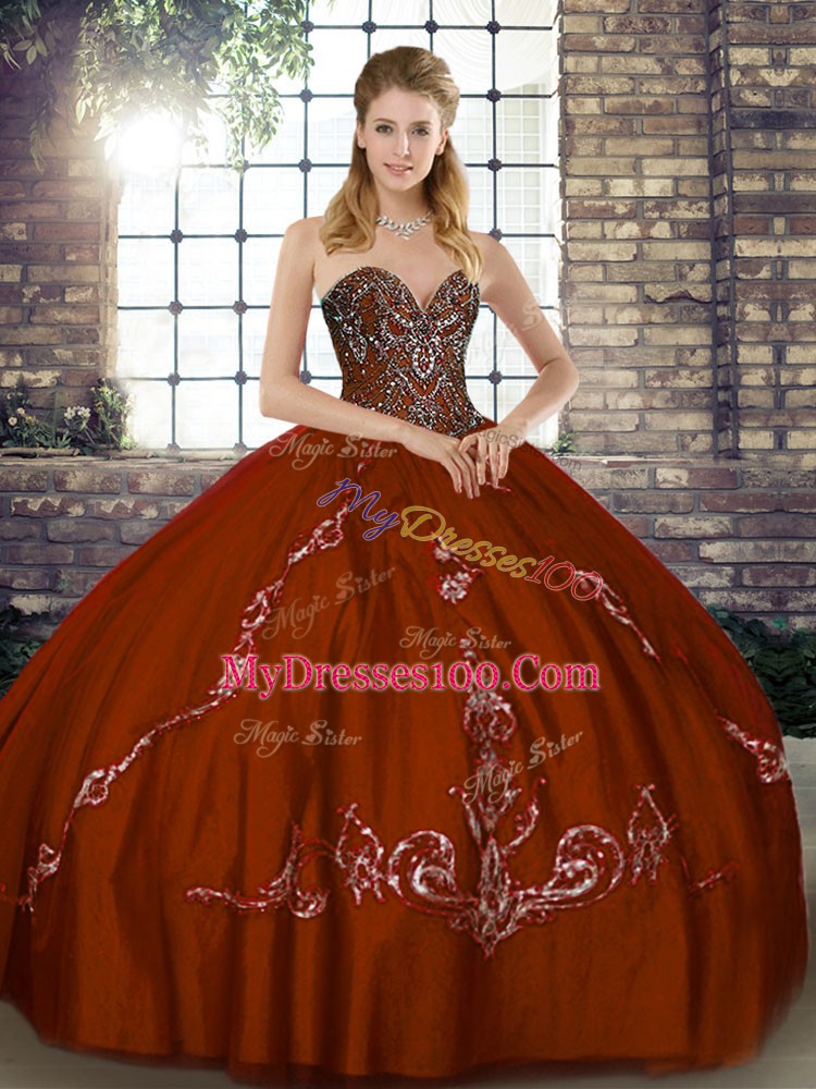 Traditional Sleeveless Tulle Floor Length Lace Up Vestidos de Quinceanera in Brown with Beading and Embroidery