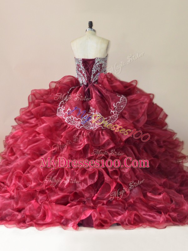 Wine Red Lace Up Ball Gown Prom Dress Beading and Appliques and Ruffles Sleeveless Brush Train