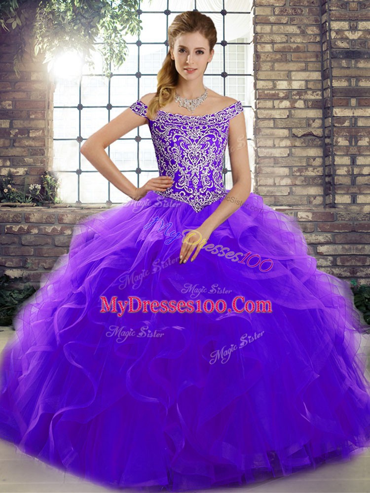 Pretty Sleeveless Beading and Ruffles Lace Up 15th Birthday Dress with Purple Brush Train