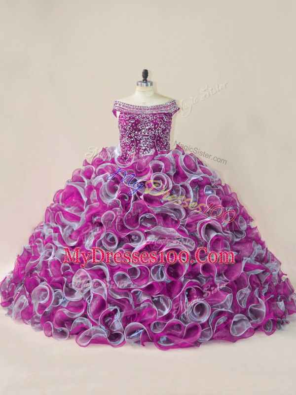 High Quality Off The Shoulder Sleeveless Brush Train Lace Up 15 Quinceanera Dress Multi-color Organza
