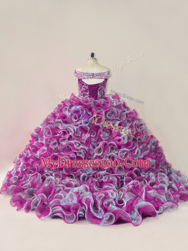 High Quality Off The Shoulder Sleeveless Brush Train Lace Up 15 Quinceanera Dress Multi-color Organza