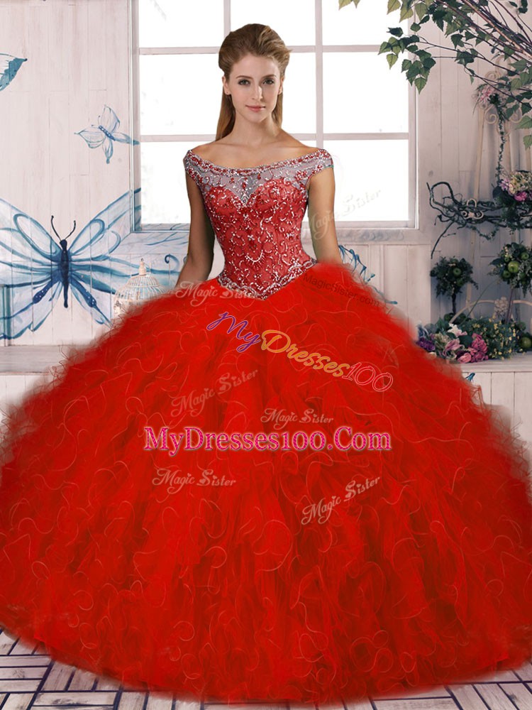 Exceptional Red Sleeveless Tulle Brush Train Lace Up Vestidos de Quinceanera for Sweet 16 and Quinceanera