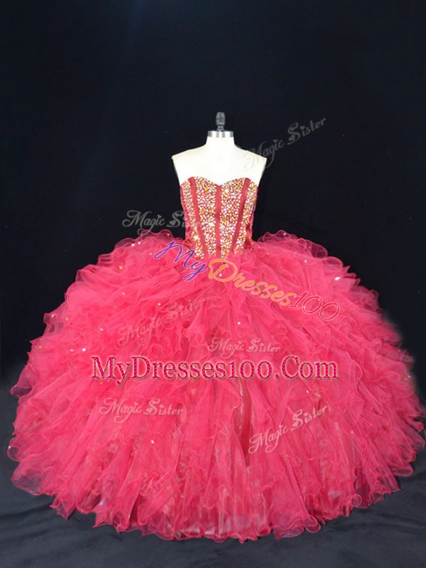 Coral Red Quinceanera Dresses Tulle Sleeveless Beading and Ruffles