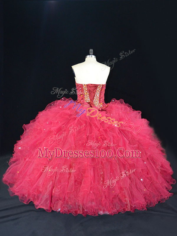 Coral Red Quinceanera Dresses Tulle Sleeveless Beading and Ruffles