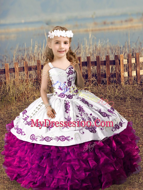Fashion Fuchsia Straps Neckline Embroidery and Ruffles Child Pageant Dress Sleeveless Lace Up