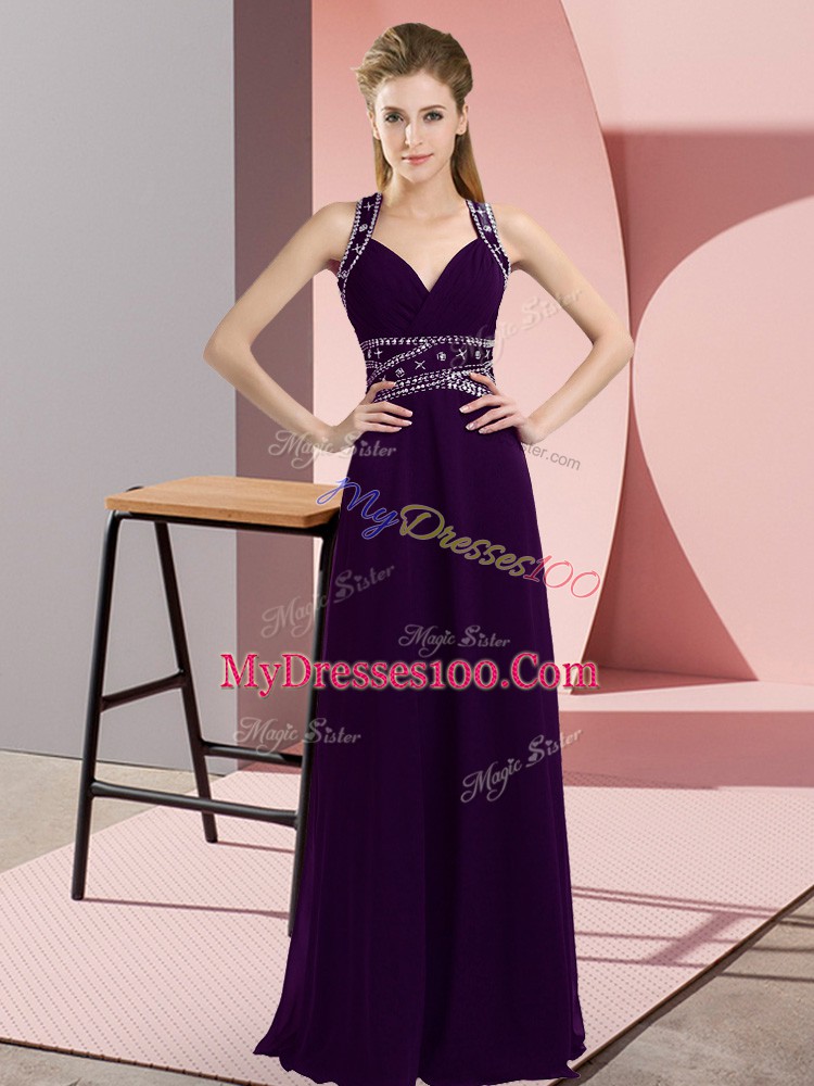 High Class Floor Length Backless Prom Dress Purple for Prom and Party with Beading