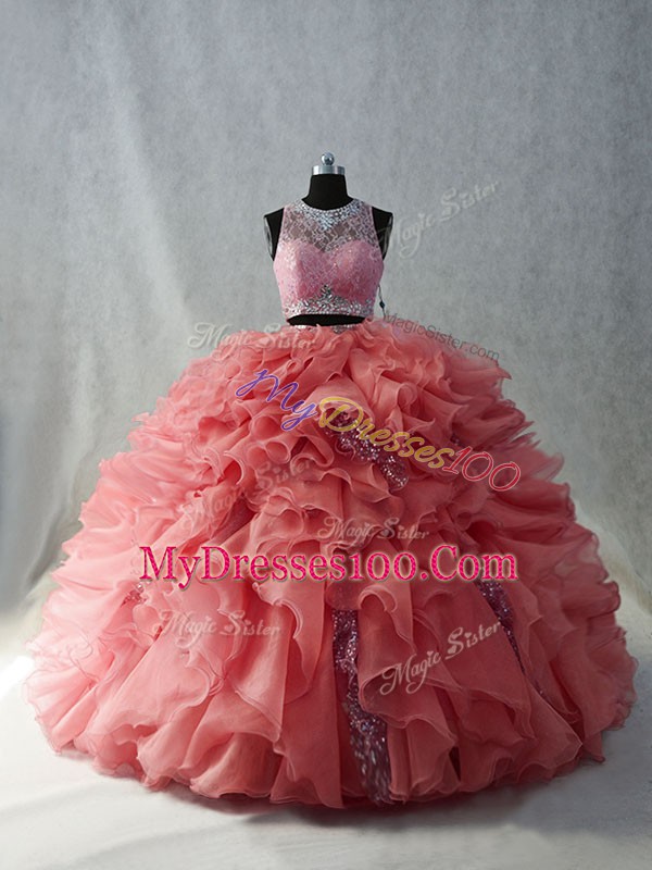 Lovely Brush Train Two Pieces 15th Birthday Dress Watermelon Red Scoop Organza Sleeveless Floor Length Zipper