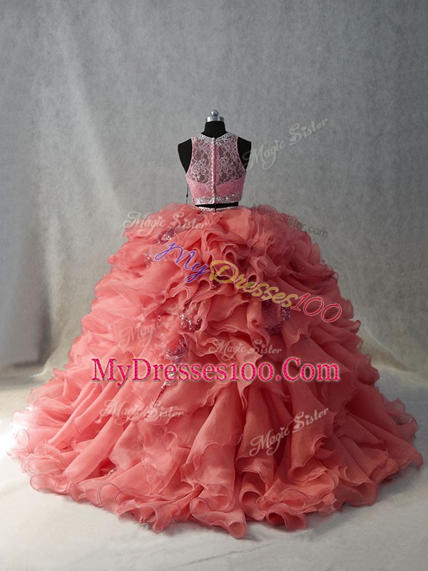 Lovely Brush Train Two Pieces 15th Birthday Dress Watermelon Red Scoop Organza Sleeveless Floor Length Zipper