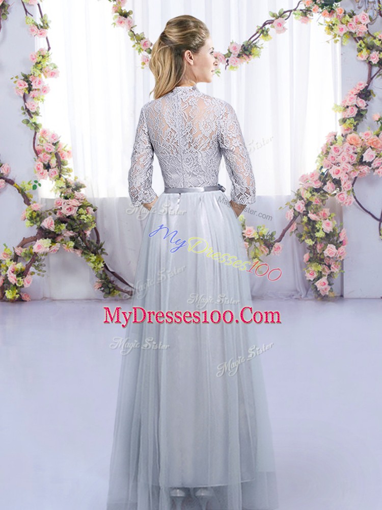 Unique High-neck Half Sleeves Zipper Wedding Guest Dresses Grey Tulle
