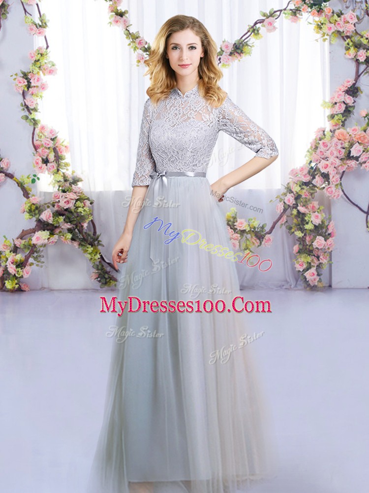 Unique High-neck Half Sleeves Zipper Wedding Guest Dresses Grey Tulle