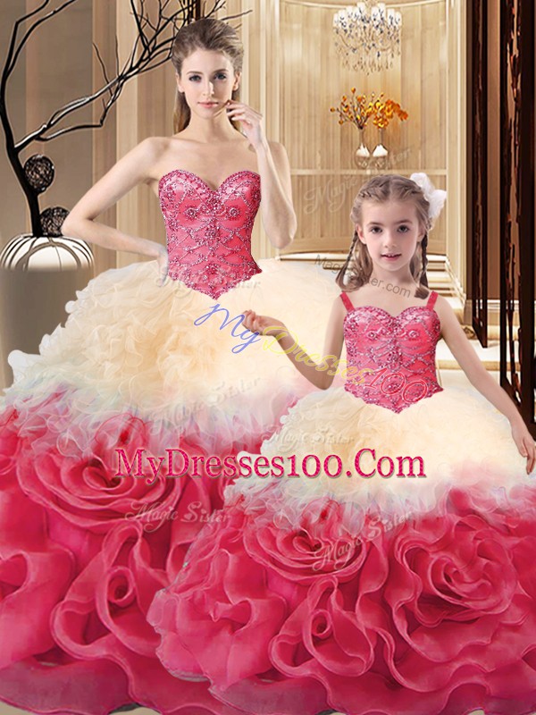Multi-color Lace Up Quince Ball Gowns Beading and Ruffles Sleeveless Floor Length