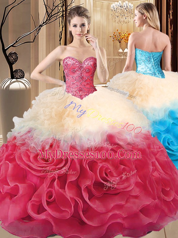 Multi-color Lace Up Quince Ball Gowns Beading and Ruffles Sleeveless Floor Length