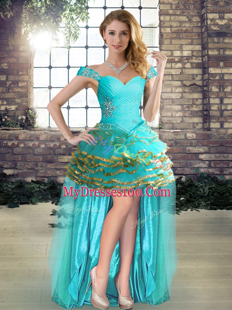 Low Price Off The Shoulder Sleeveless Organza Dress for Prom Beading and Ruffled Layers Lace Up