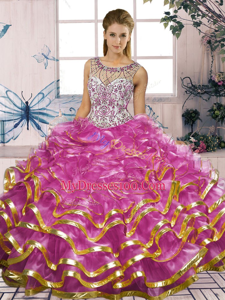 Free and Easy Fuchsia Ball Gowns Organza Scoop Sleeveless Beading and Ruffles Floor Length Lace Up Ball Gown Prom Dress