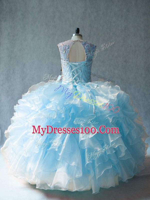 Charming Floor Length Blue Quinceanera Gown Organza Sleeveless Beading and Ruffles