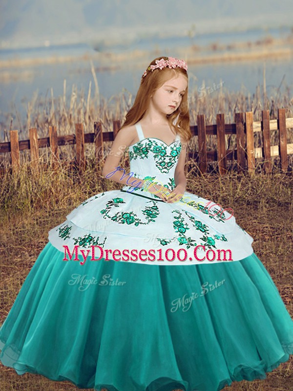 Straps Sleeveless Lace Up Girls Pageant Dresses Teal Organza