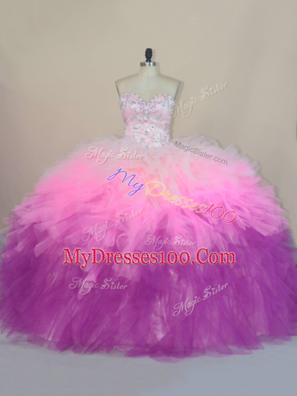 Superior Multi-color Ball Gowns Sweetheart Sleeveless Tulle Brush Train Lace Up Beading and Ruffles 15 Quinceanera Dress