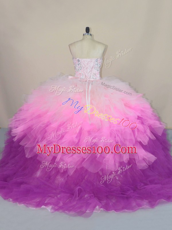 Superior Multi-color Ball Gowns Sweetheart Sleeveless Tulle Brush Train Lace Up Beading and Ruffles 15 Quinceanera Dress