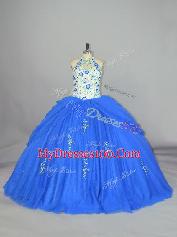 Trendy Blue Ball Gowns Appliques and Embroidery Sweet 16 Dresses Lace Up Tulle Sleeveless Floor Length