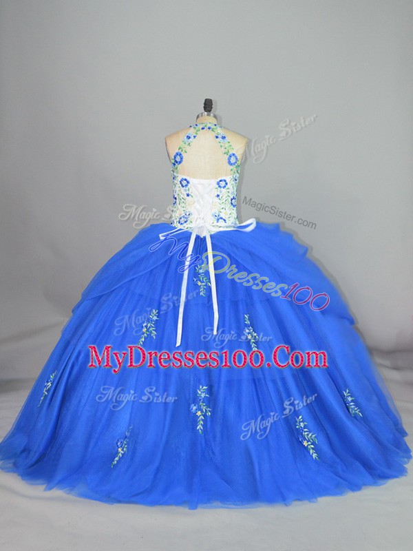 Trendy Blue Ball Gowns Appliques and Embroidery Sweet 16 Dresses Lace Up Tulle Sleeveless Floor Length