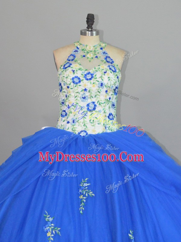 Trendy Blue Ball Gowns Appliques and Embroidery Sweet 16 Dresses Lace Up Tulle Sleeveless Floor Length