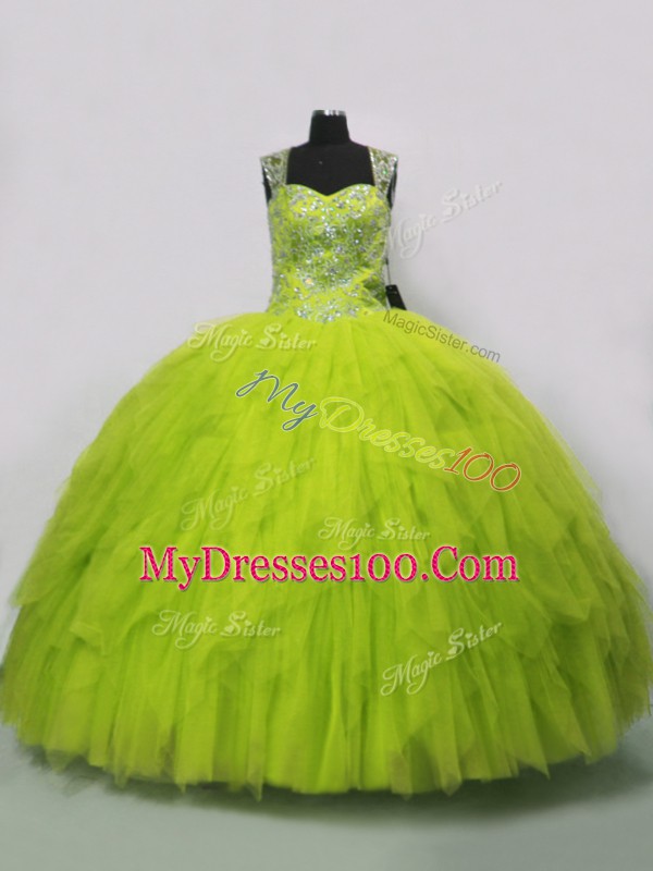Yellow Green Straps Lace Up Beading and Ruffles Quinceanera Dress Sleeveless