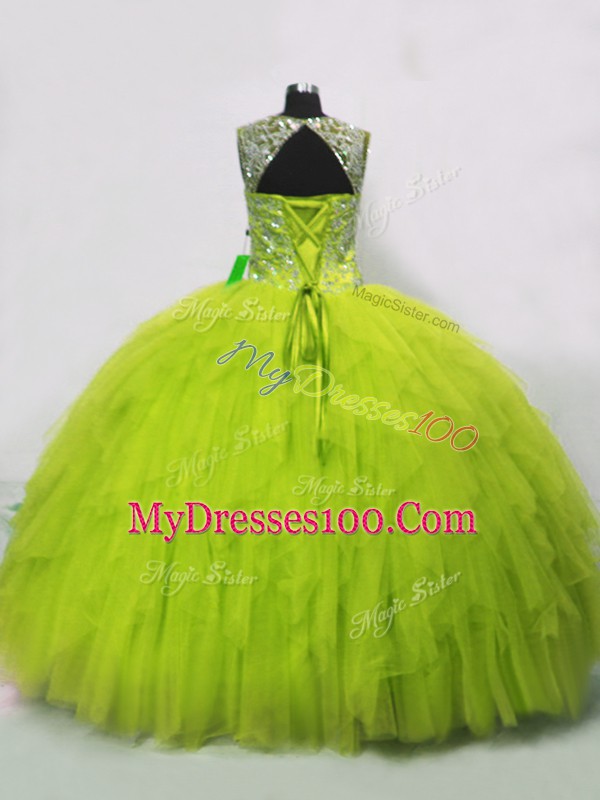 Yellow Green Straps Lace Up Beading and Ruffles Quinceanera Dress Sleeveless