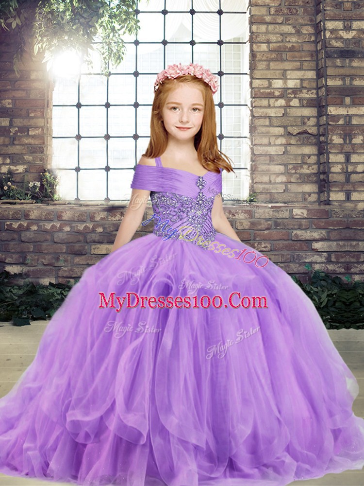 Lavender Ball Gowns Straps Sleeveless Tulle Floor Length Lace Up Beading Kids Pageant Dress