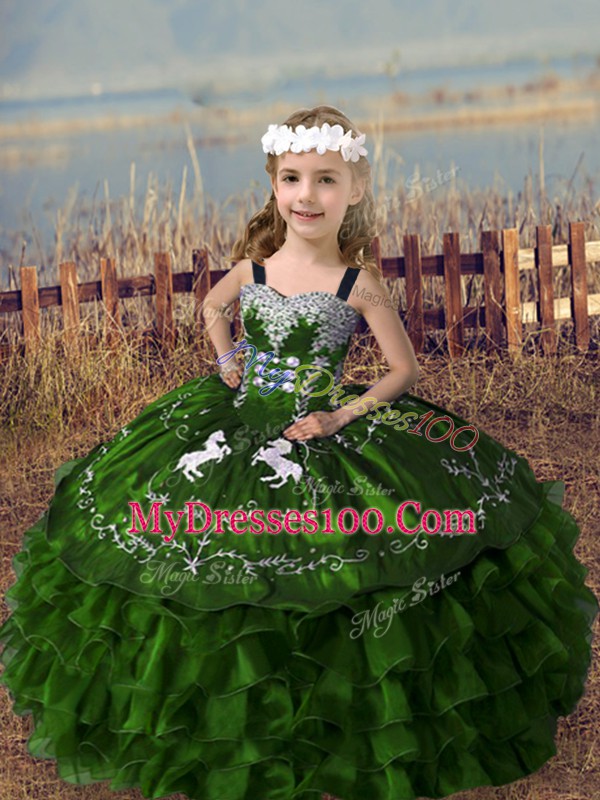Ball Gowns Kids Pageant Dress Olive Green Straps Organza Sleeveless Floor Length Lace Up