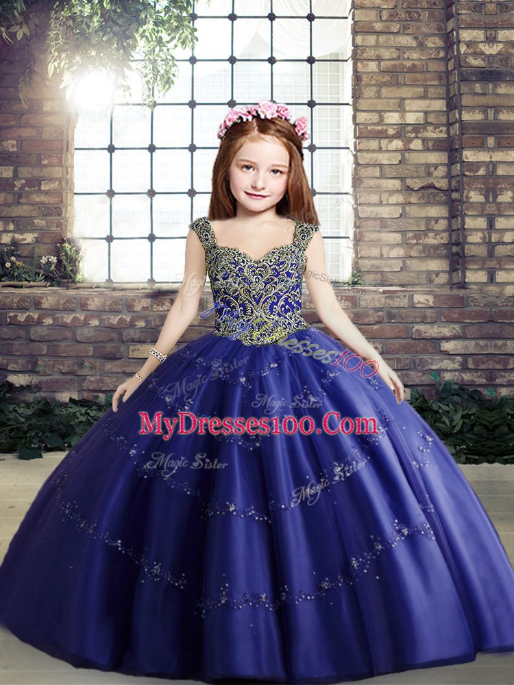 Adorable Royal Blue Ball Gowns Tulle Straps Sleeveless Beading Floor Length Lace Up Girls Pageant Dresses