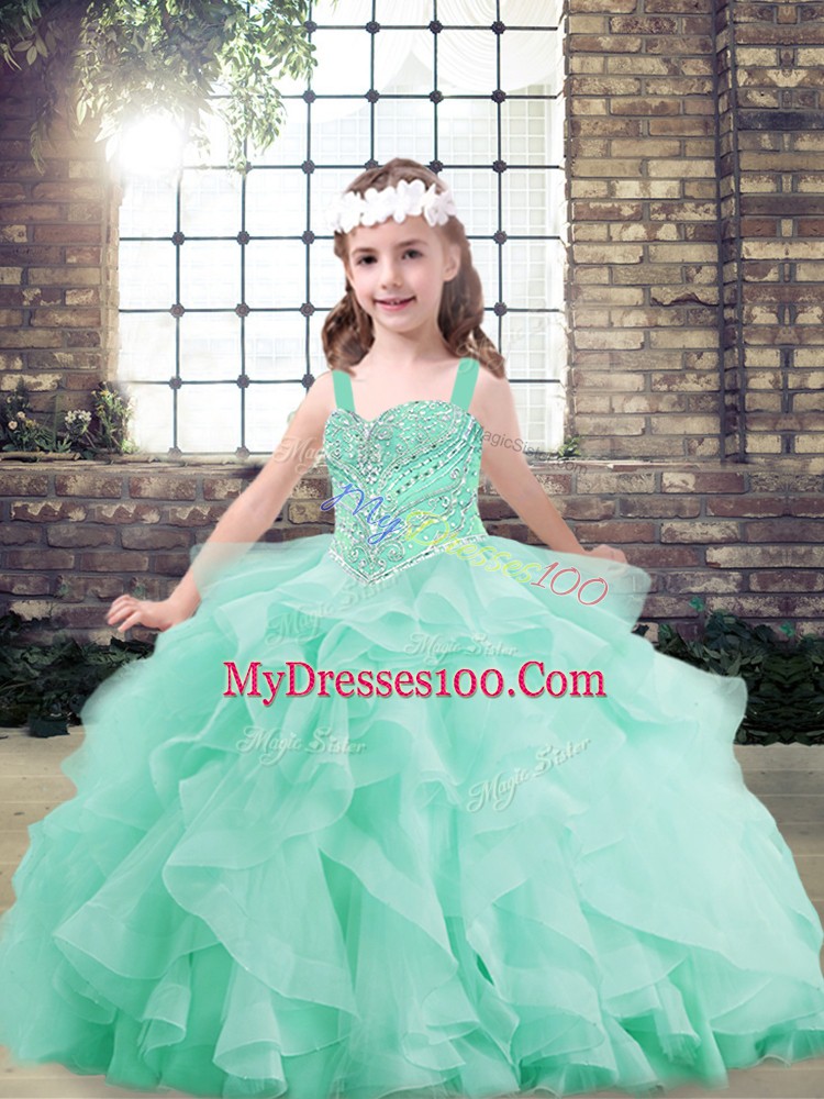 Elegant Sleeveless Floor Length Beading and Ruffles Lace Up Kids Pageant Dress with Apple Green