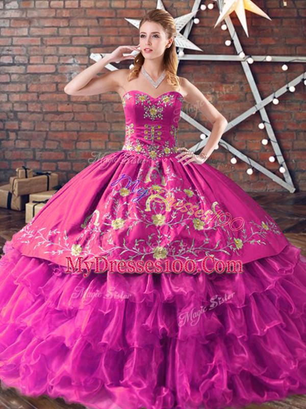 Dazzling Fuchsia Ball Gowns Sweetheart Sleeveless Satin and Organza Floor Length Lace Up Embroidery Quinceanera Dress
