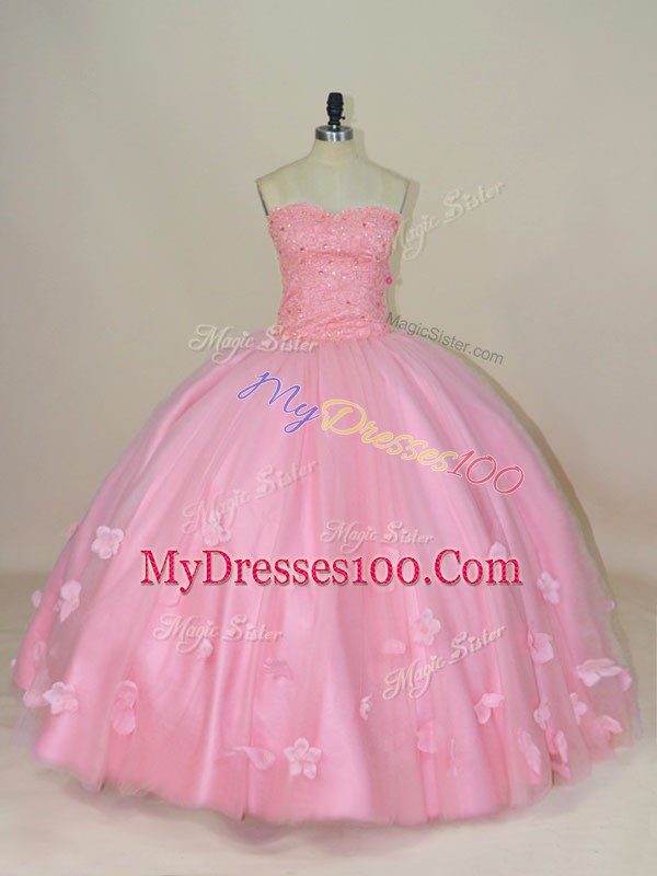 Affordable Sleeveless Tulle Floor Length Lace Up 15 Quinceanera Dress in Baby Pink with Beading and Hand Made Flower