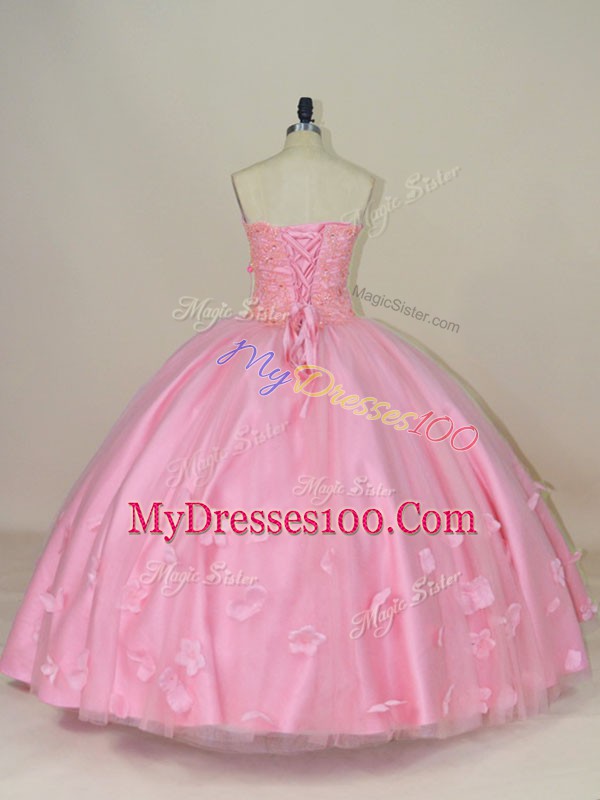 Affordable Sleeveless Tulle Floor Length Lace Up 15 Quinceanera Dress in Baby Pink with Beading and Hand Made Flower